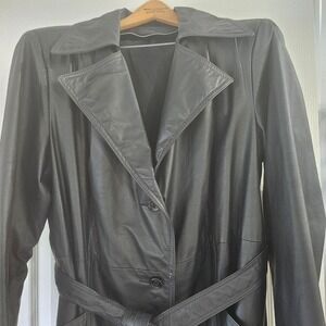 Leather Shop Black Leather Trench Coat Belted Long Jacket Womens L Vintage Style